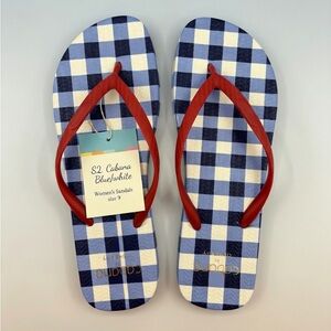 S2,Cabana Blue & White One pair of Flip Flops with Red Straps,Size 9